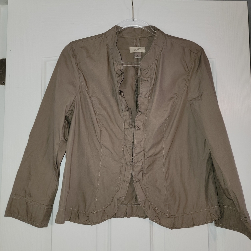 LOFT Taupe Ruffle-Trim Open Front Blazer